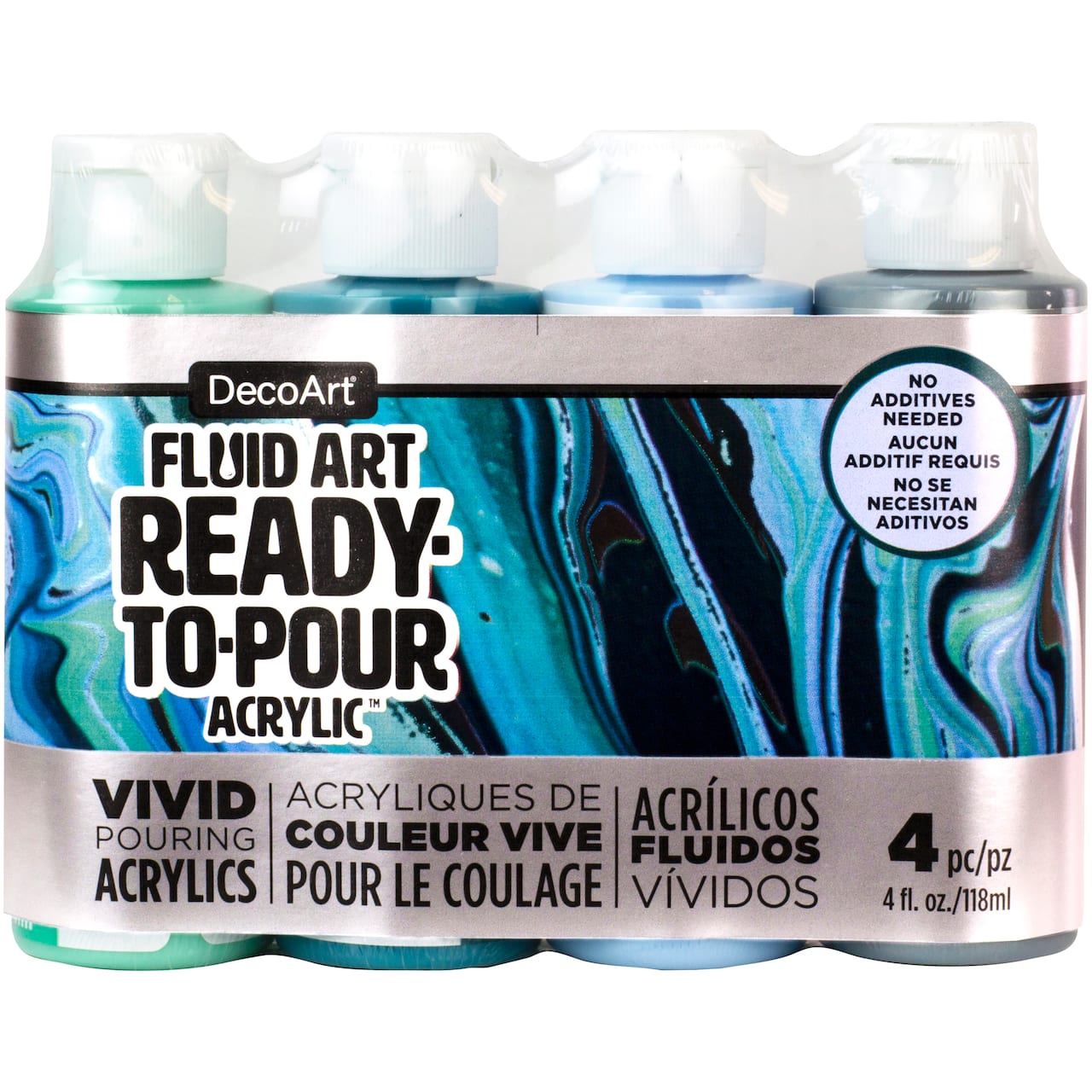 6 Packs: 4 ct. (24 total) DecoArt® Fluid Art Ready to Pour Acrylic™ Silver Seas Paint Pack
